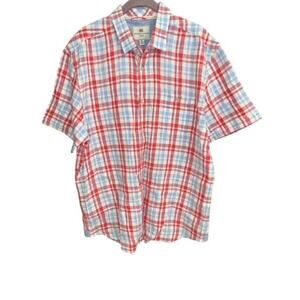 Report Collection Resort XL Shirt Patriotic Red Blue Handsome Plaid Cotton Linen